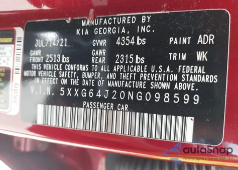 2022 Kia K5 Gt-Line from USA, damaged, VIN 5XXG64J20NG098599